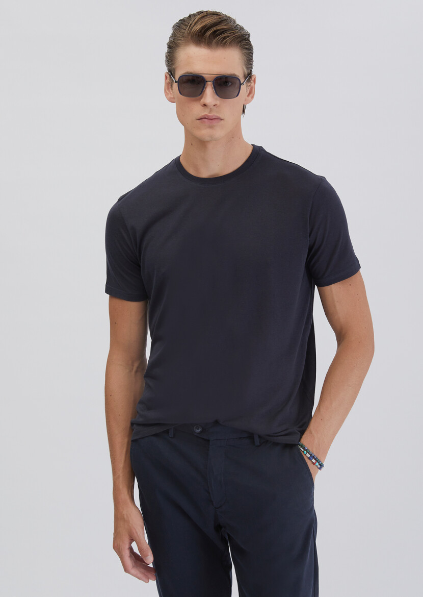 Navy Blue Plain Crew Neck T-Shirt - 1