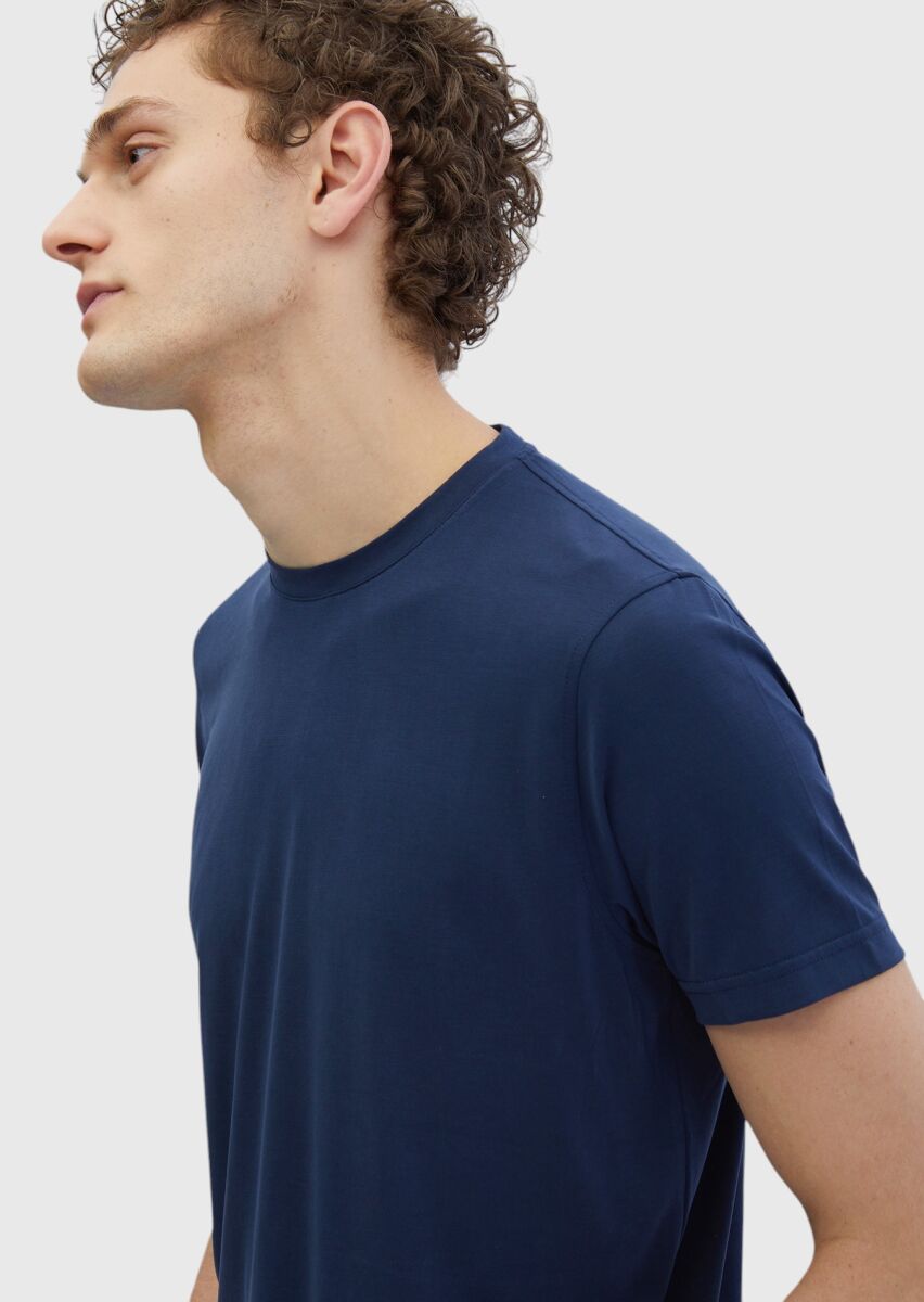 Navy Blue Plain Crew Neck T-Shirt - 4