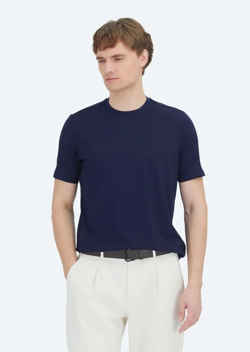 Navy Blue Plain Crew Neck T-Shirt - 1