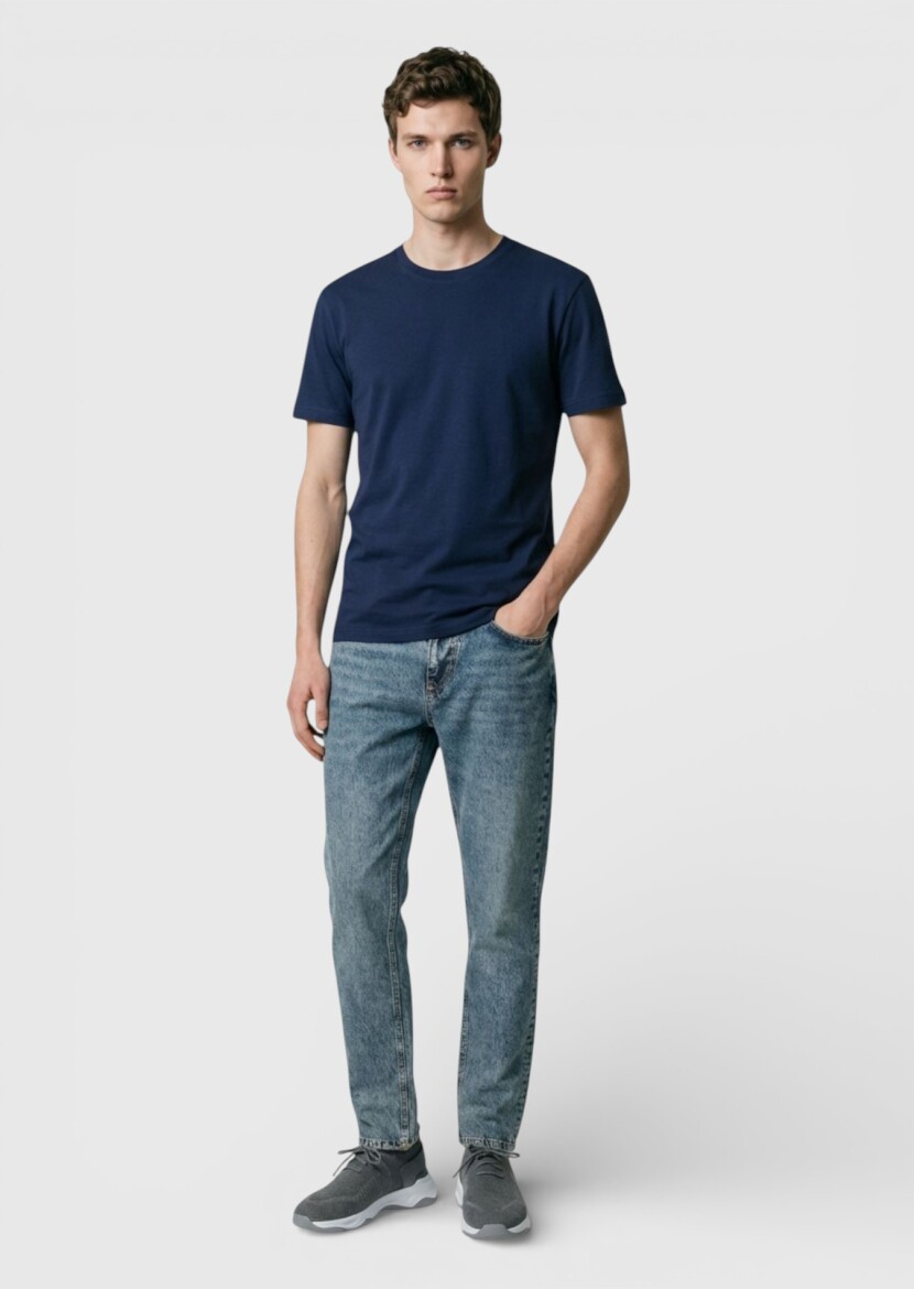 Navy Blue Plain Crew Neck T-Shirt - 3