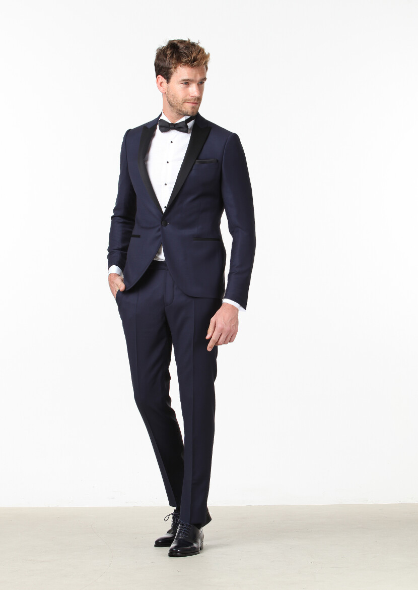 Navy Blue Plain Fashion Slim Fit Double Breasted Collar Weaving Tuxedo - 2
