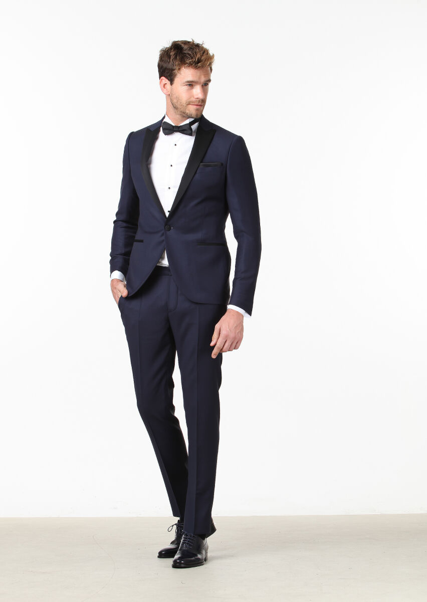 Navy Blue Plain Fashion Slim Fit Double Breasted Collar Weaving Tuxedo - 2