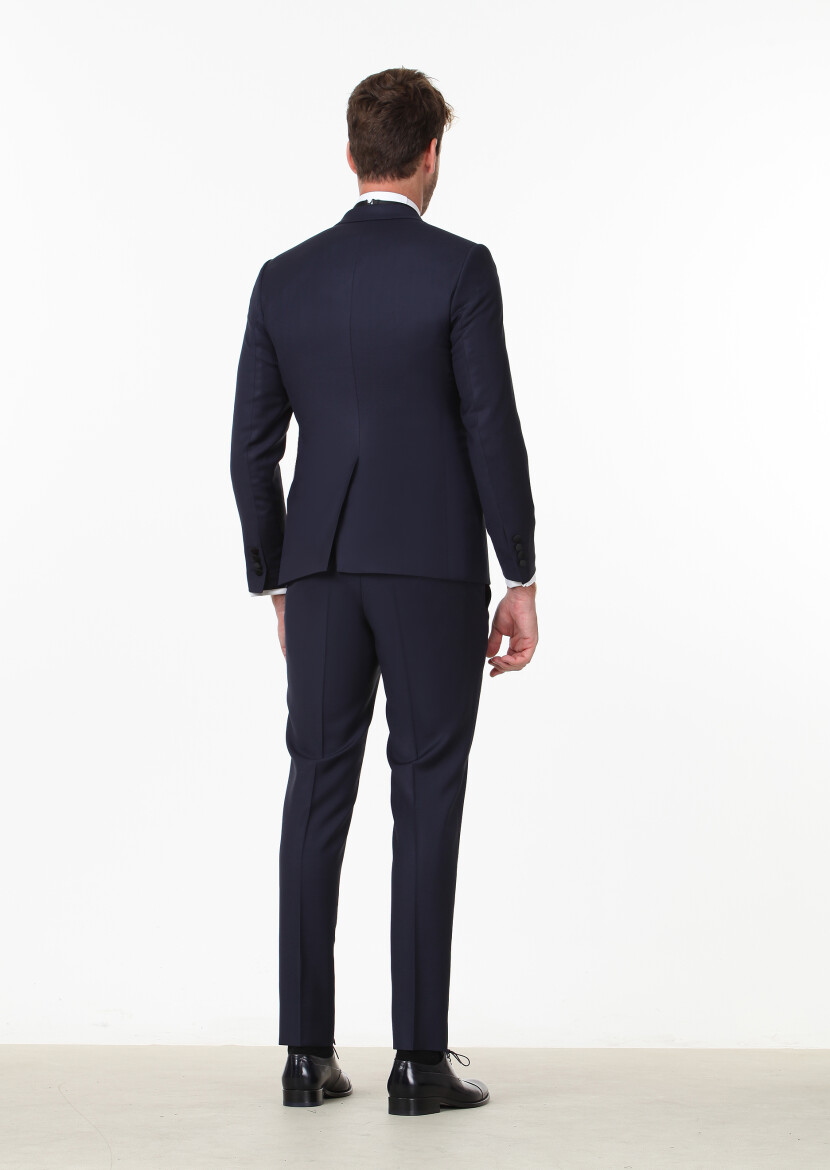 Navy Blue Plain Fashion Slim Fit Double Breasted Collar Weaving Tuxedo - 3