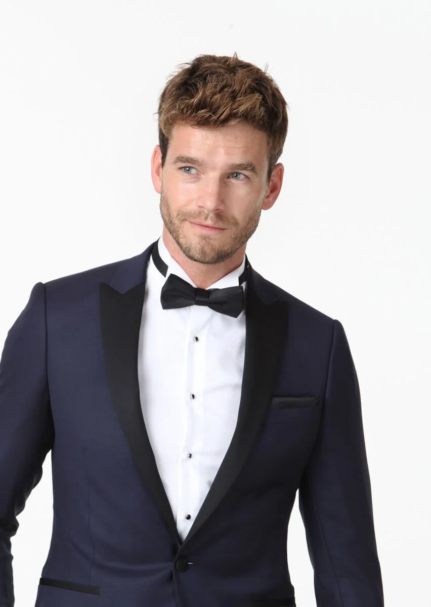 Navy Blue Plain Fashion Slim Fit Double Breasted Collar Weaving Tuxedo - 3