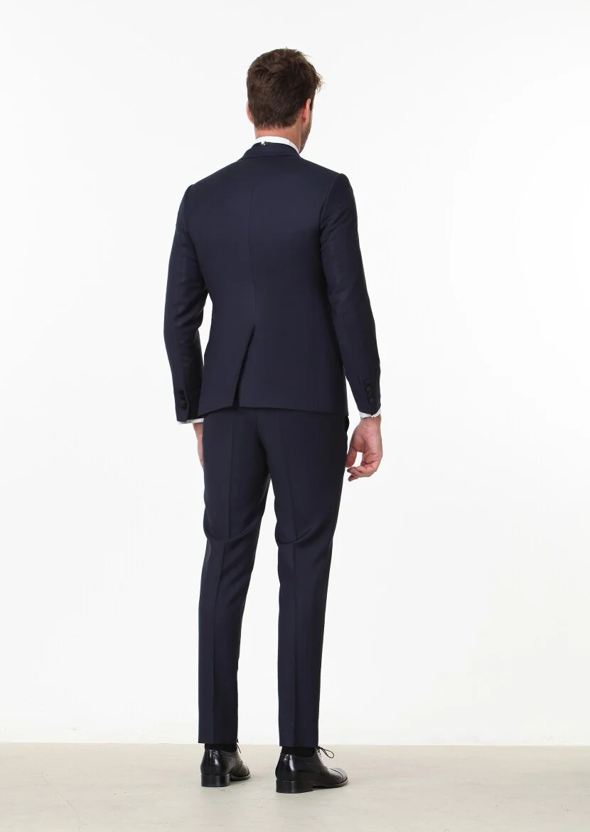 Navy Blue Plain Fashion Slim Fit Double Breasted Collar Weaving Tuxedo - 4