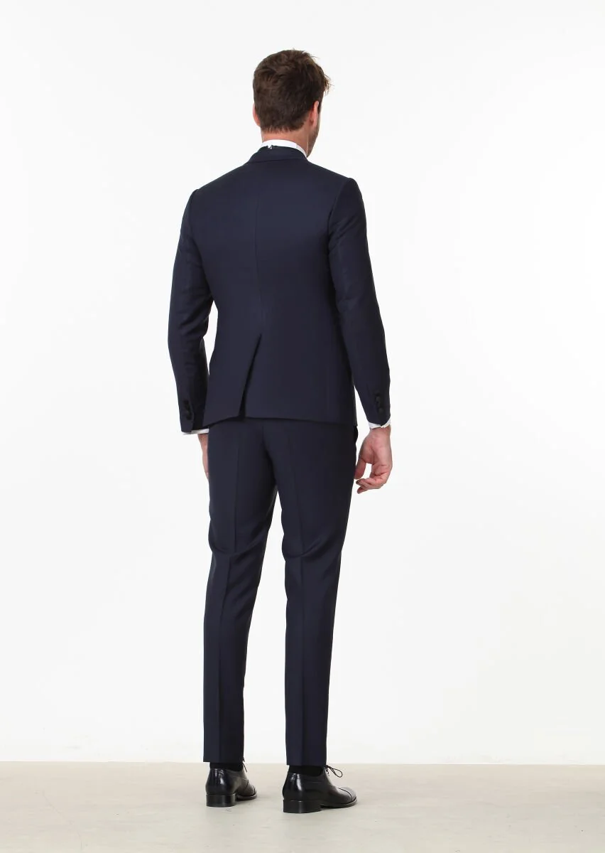 Navy Blue Plain Fashion Slim Fit Double Breasted Collar Weaving Tuxedo - 4