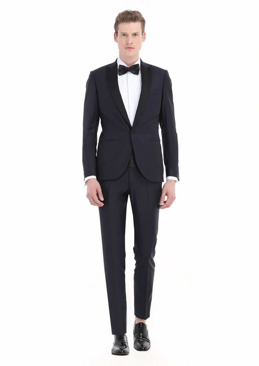 Navy Blue Plain Fashion Slim Fit Double Breasted Collar Weaving Tuxedo - 1