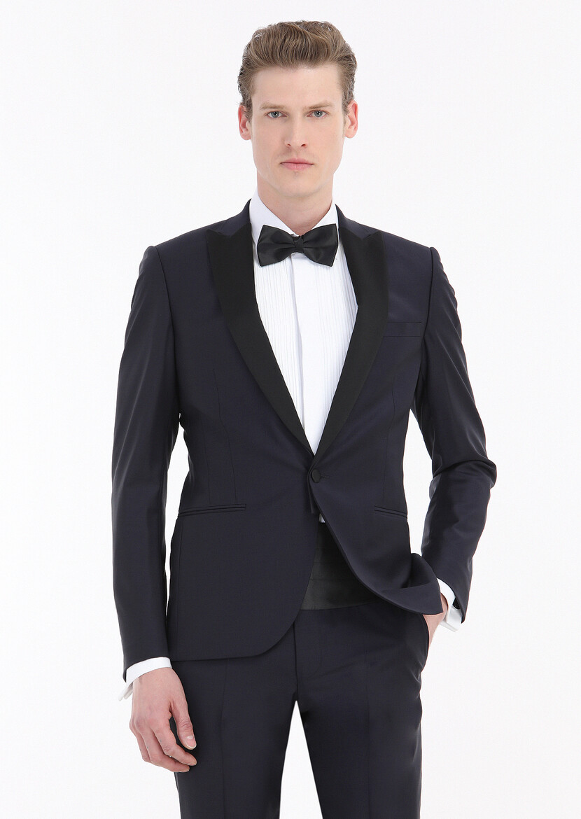 Navy Blue Plain Fashion Slim Fit Double Breasted Collar Weaving Tuxedo - 2