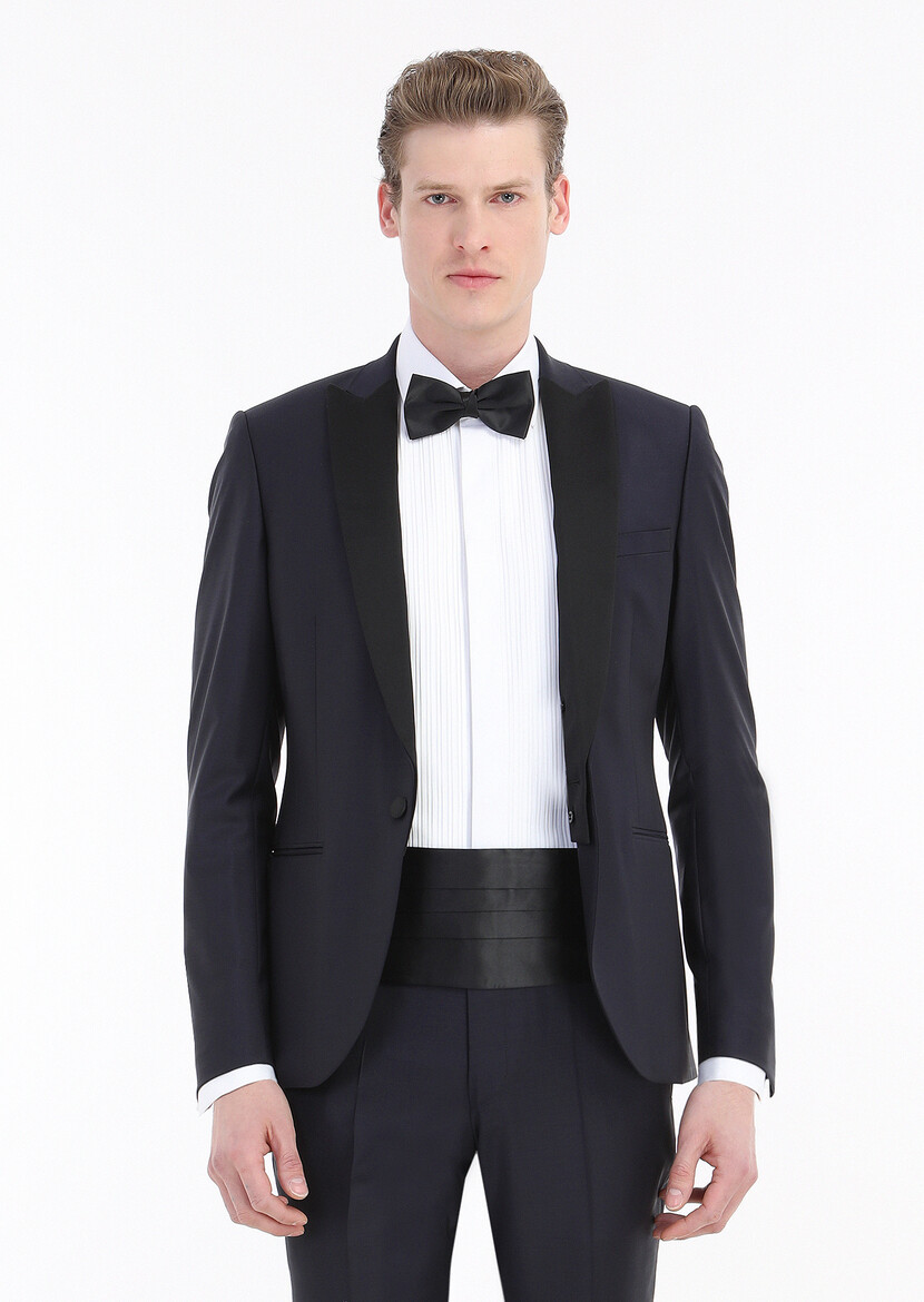 Navy Blue Plain Fashion Slim Fit Double Breasted Collar Weaving Tuxedo - 3