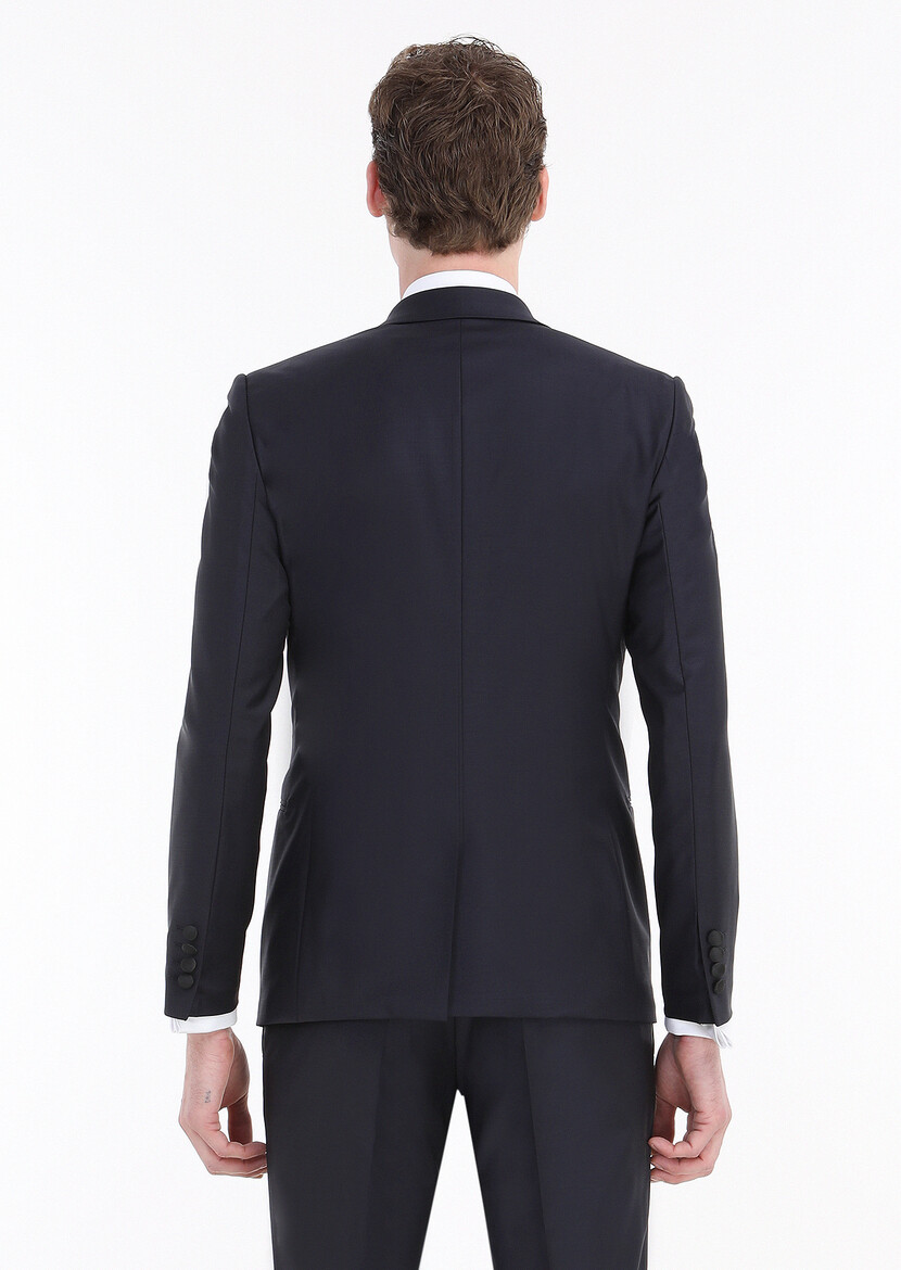 Navy Blue Plain Fashion Slim Fit Double Breasted Collar Weaving Tuxedo - 5