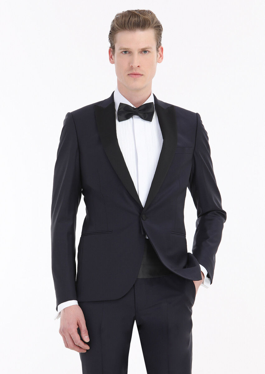 Navy Blue Plain Fashion Slim Fit Double Breasted Collar Weaving Tuxedo - 1