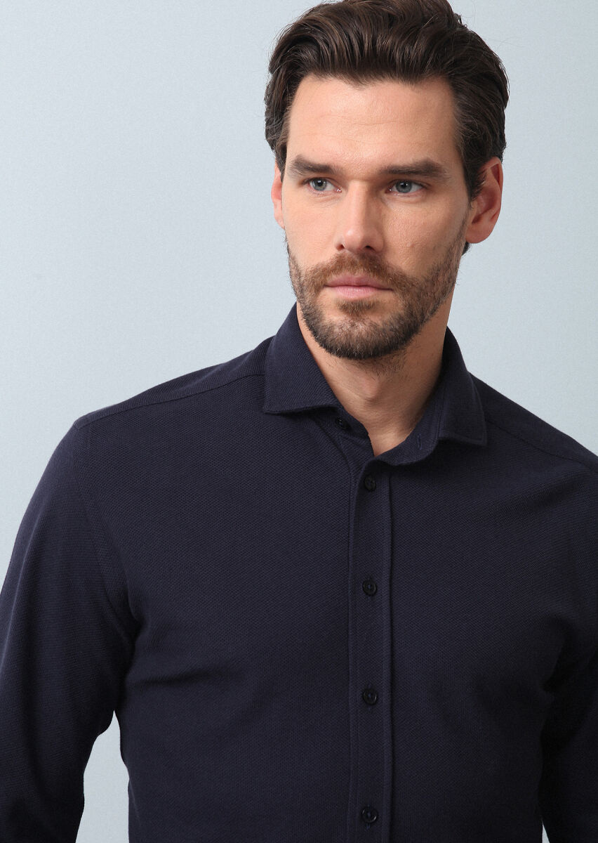 Navy Blue Plain Fitted Fit Knitting Casual 100% Cotton Shirt - 2