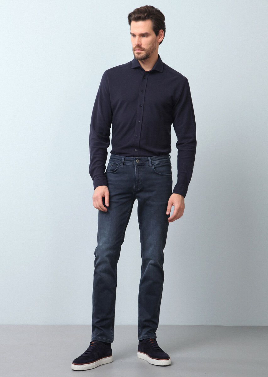 Navy Blue Plain Fitted Fit Knitting Casual 100% Cotton Shirt - 3