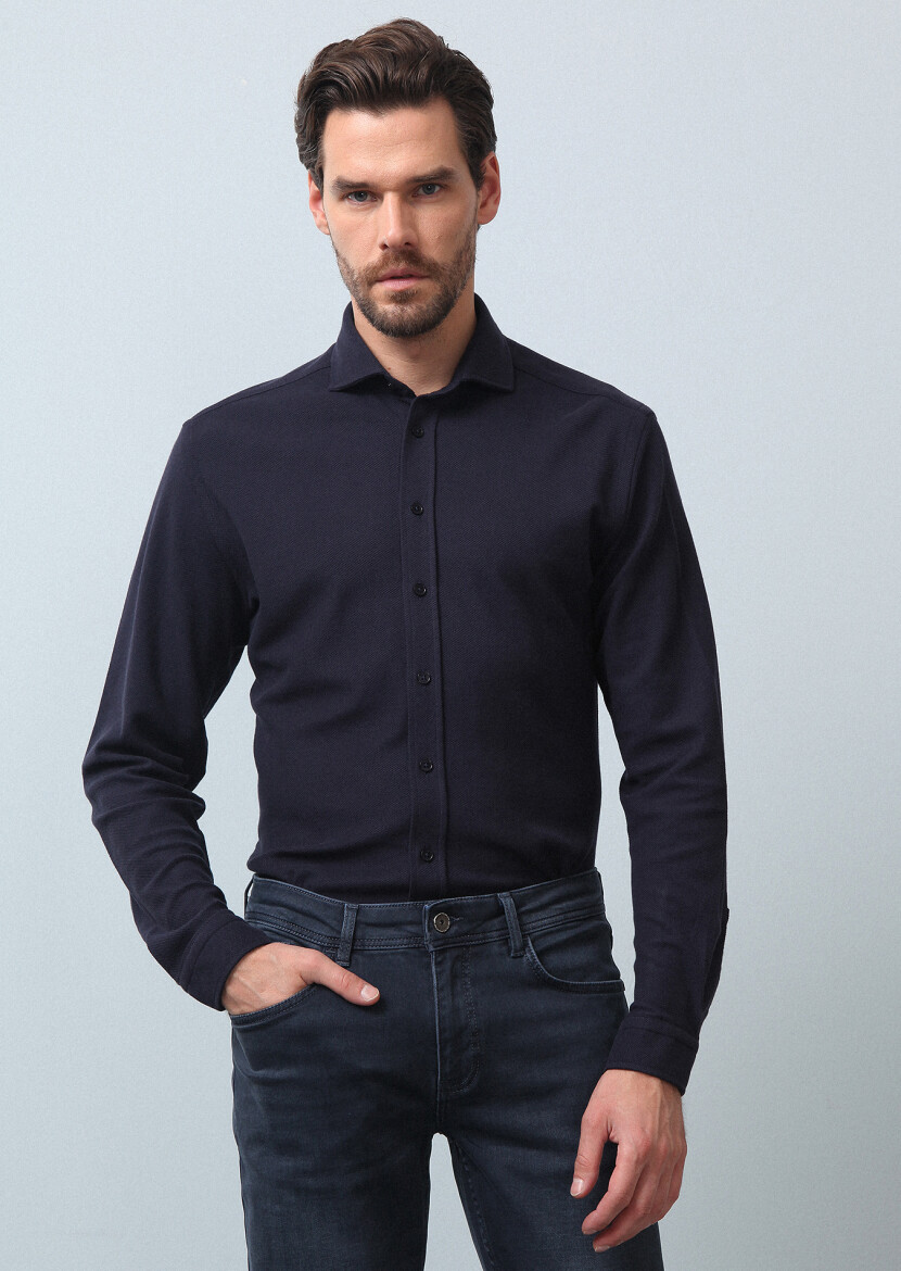 Navy Blue Plain Fitted Fit Knitting Casual 100% Cotton Shirt - 4