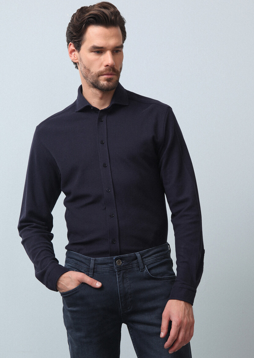 Navy Blue Plain Fitted Fit Long Knitting Casual 100% Cotton Shirt - 1