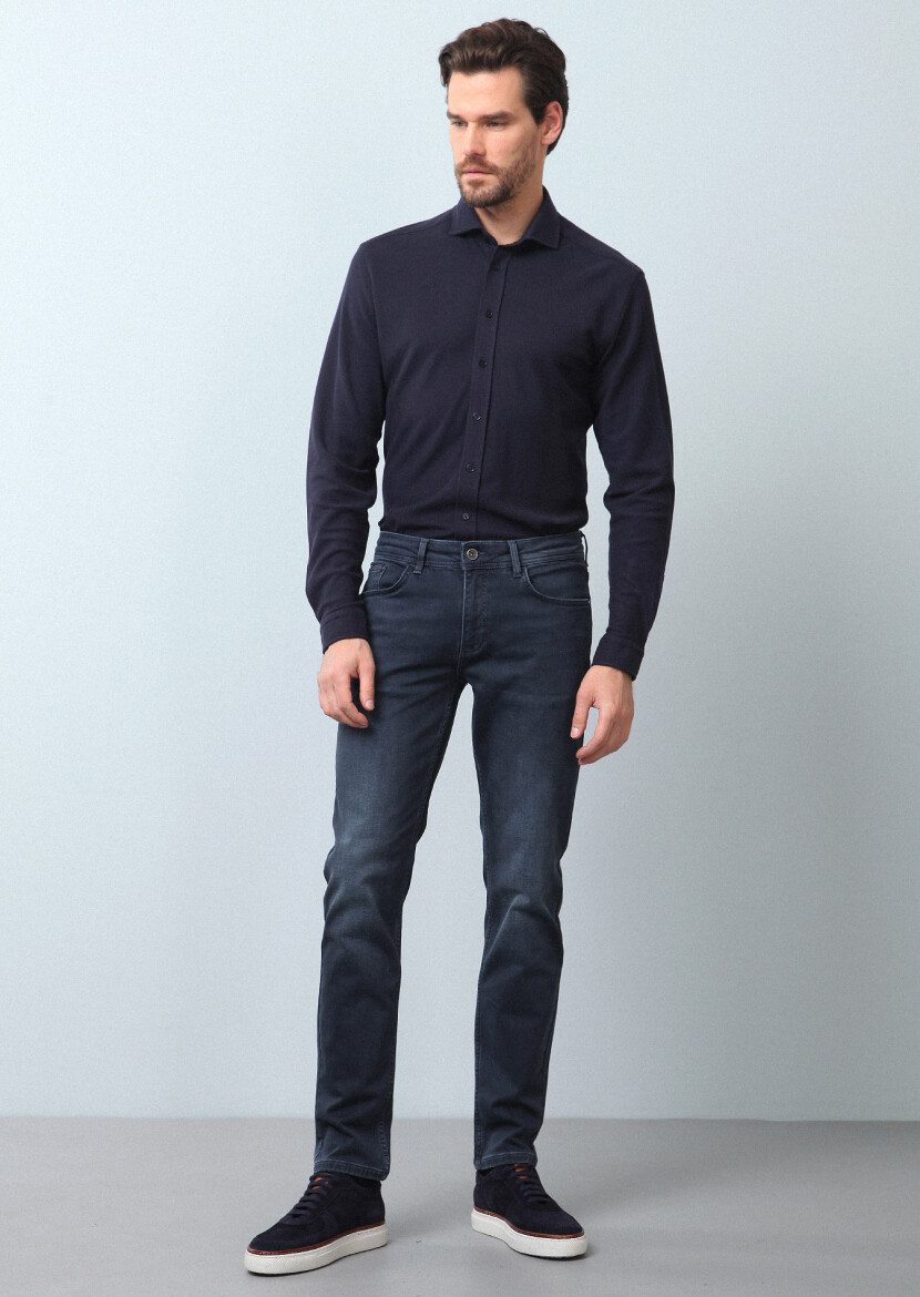 Navy Blue Plain Fitted Fit Long Knitting Casual 100% Cotton Shirt - 3