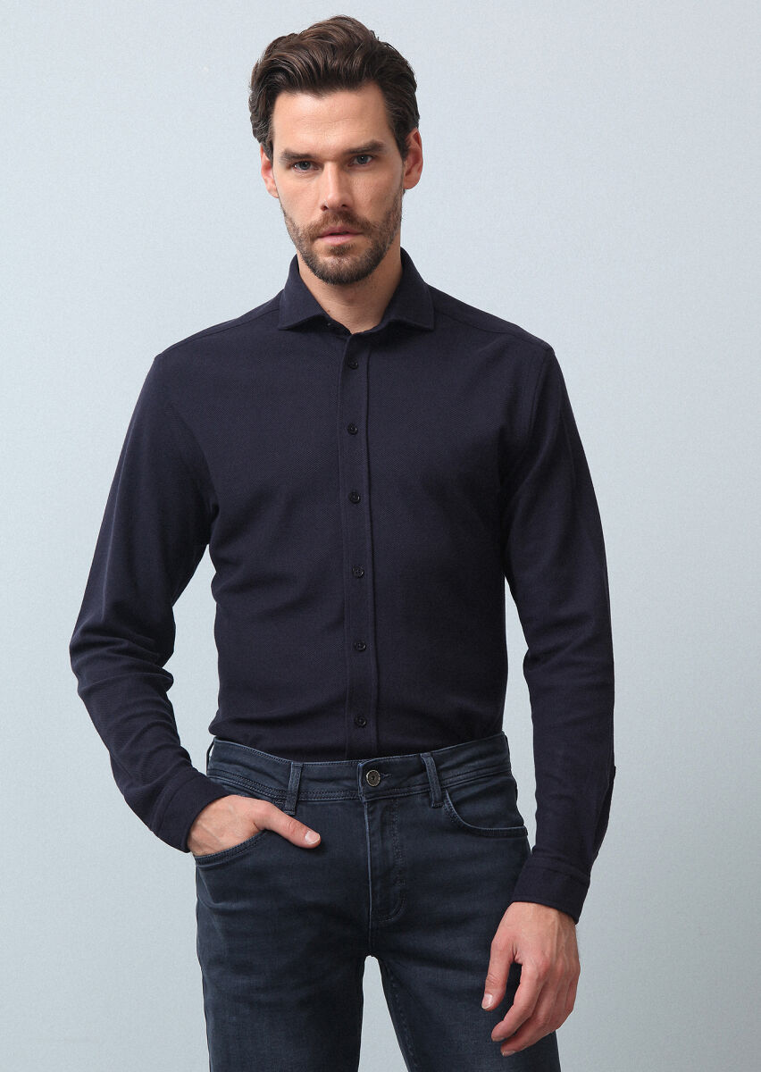 Navy Blue Plain Fitted Fit Long Knitting Casual 100% Cotton Shirt - 4