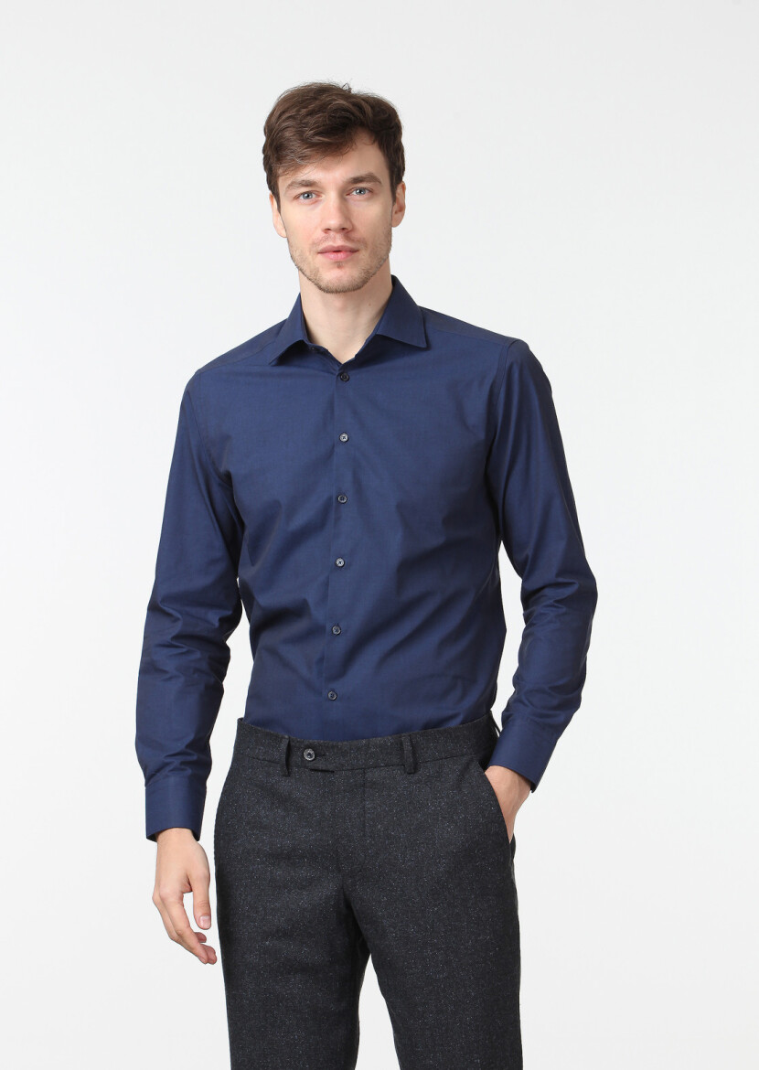 Navy Blue Plain Fitted Fit Weaving Classical Cotton Blended Shirt 