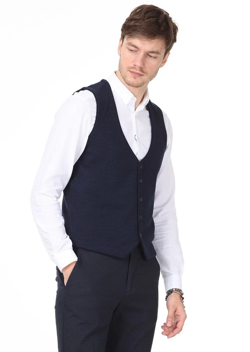 Navy Blue Plain Knitting Knit Vest - 1