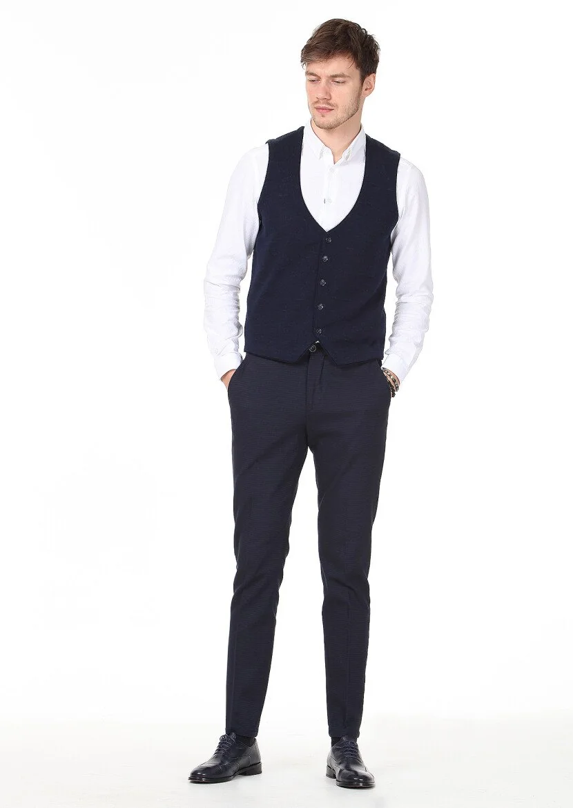 Navy Blue Plain Knitting Knit Vest - 3