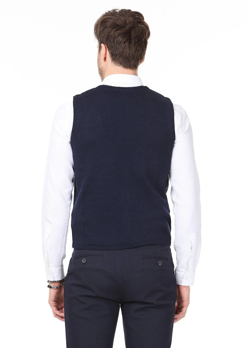 Navy Blue Plain Knitting Knit Vest - 4