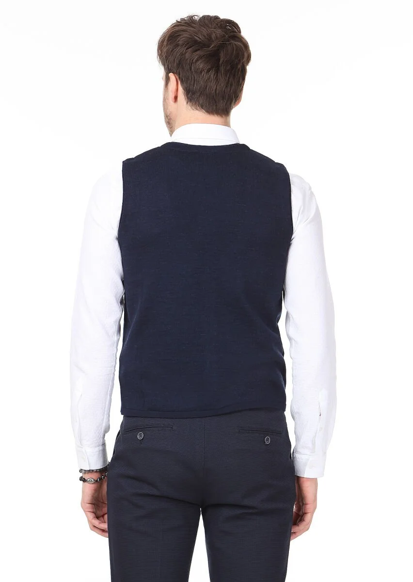 Navy Blue Plain Knitting Knit Vest - 4