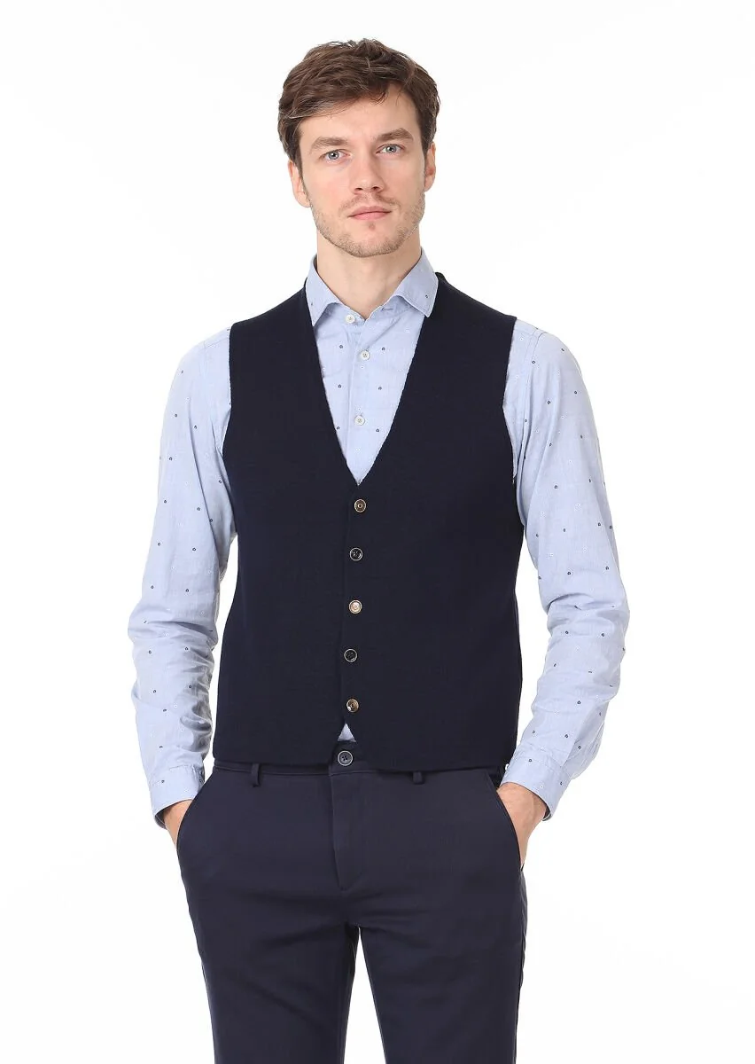Navy Blue Plain Knitting Knit Vest - 1
