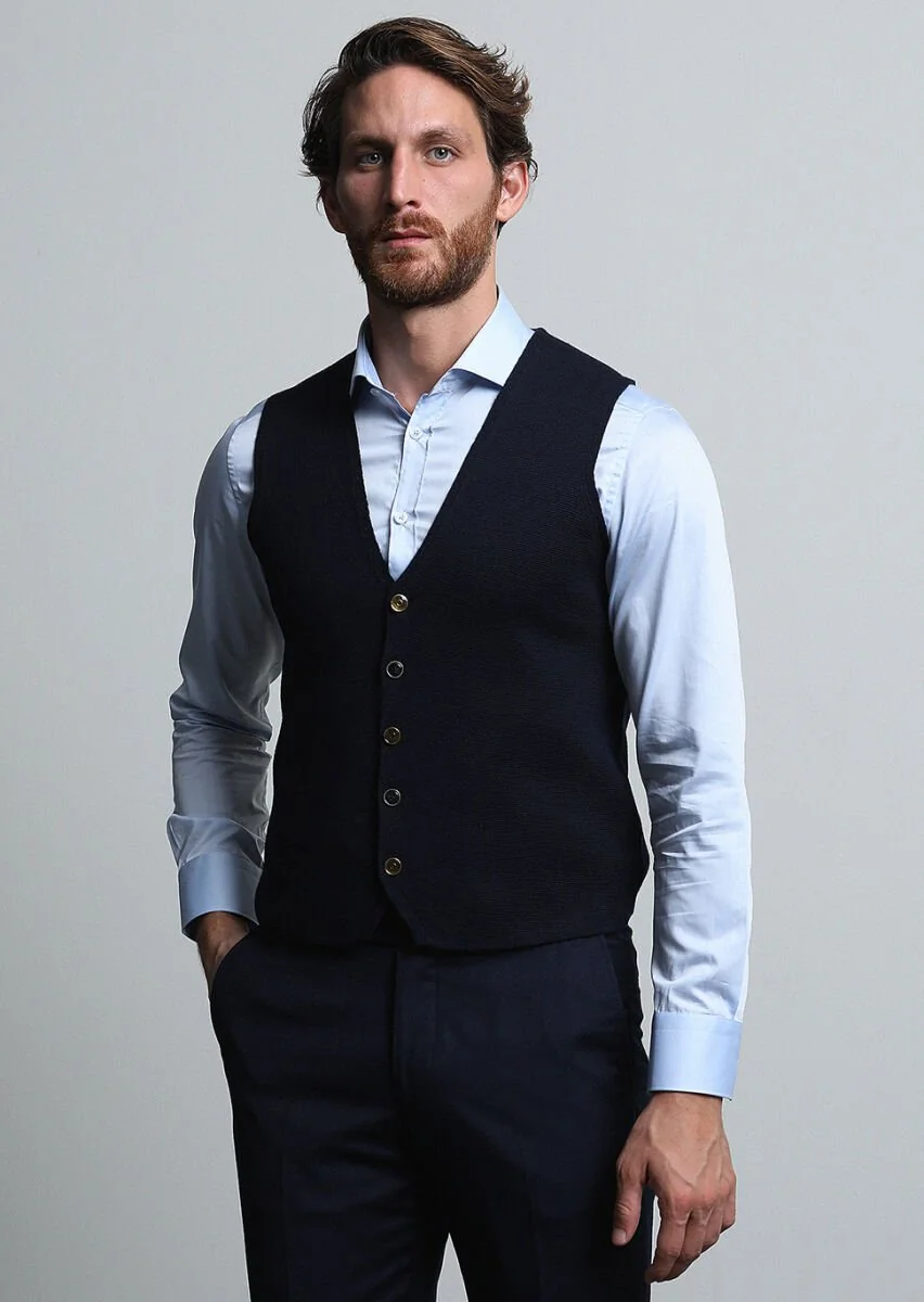Navy Blue Plain Knitting Knit Vest - 2