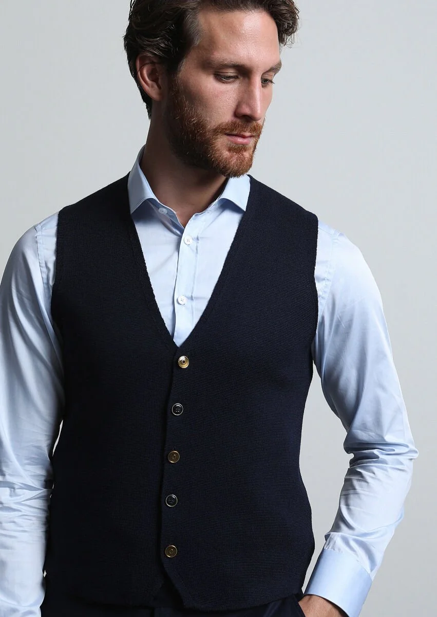 Navy Blue Plain Knitting Knit Vest - 4