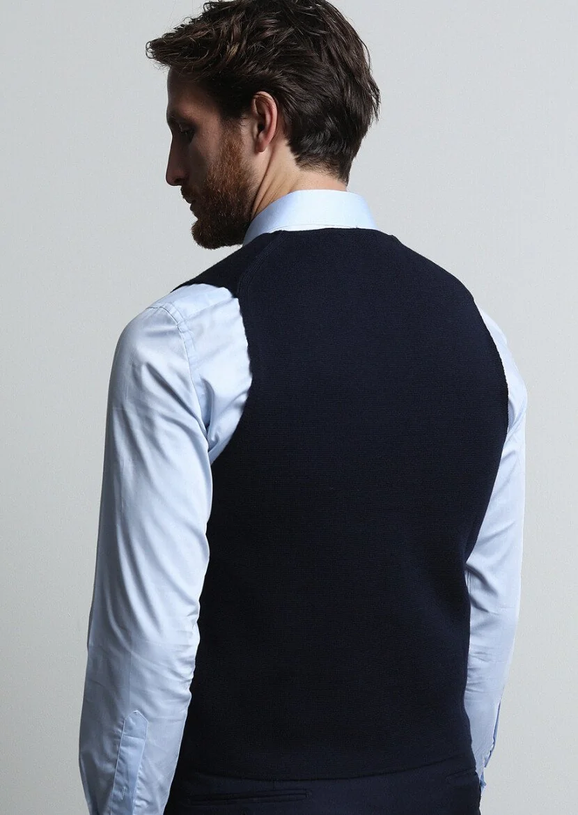 Navy Blue Plain Knitting Knit Vest - 5