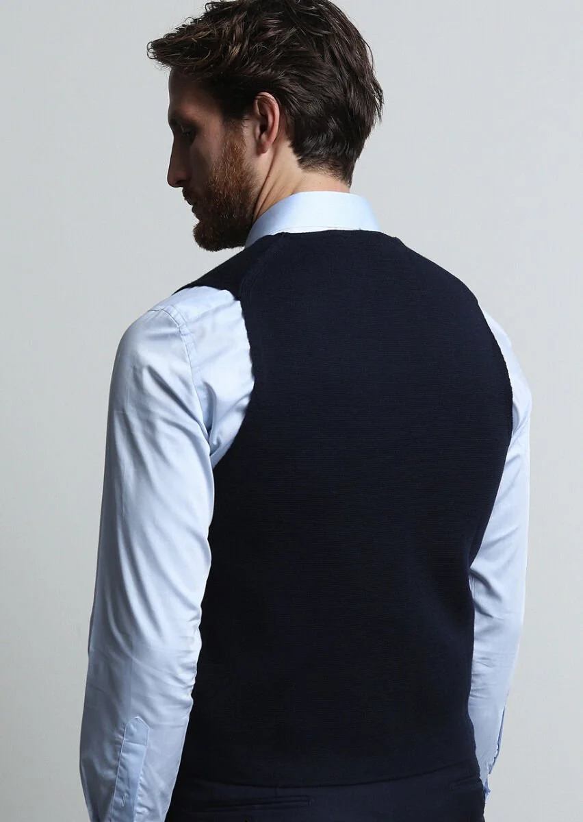 Navy Blue Plain Knitting Knit Vest - 5