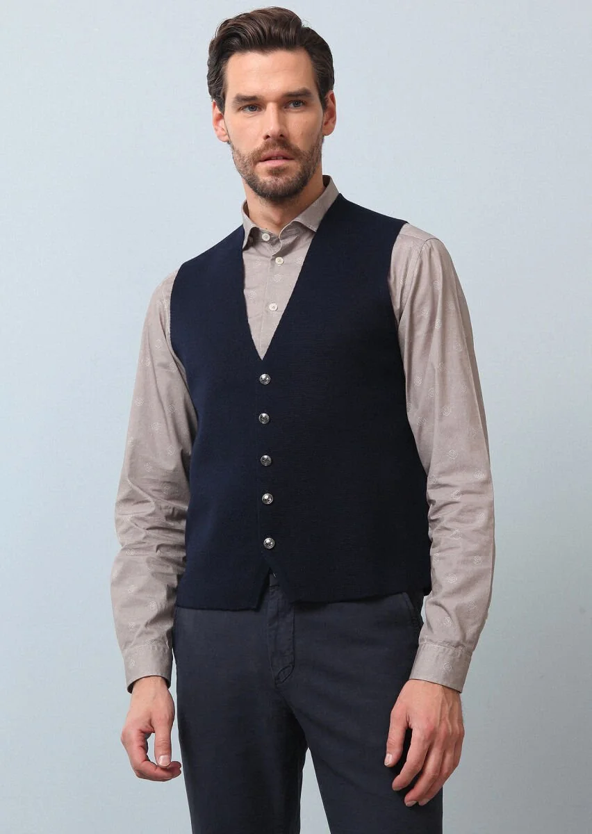 Navy Blue Plain Knitting Knit Vest - 1