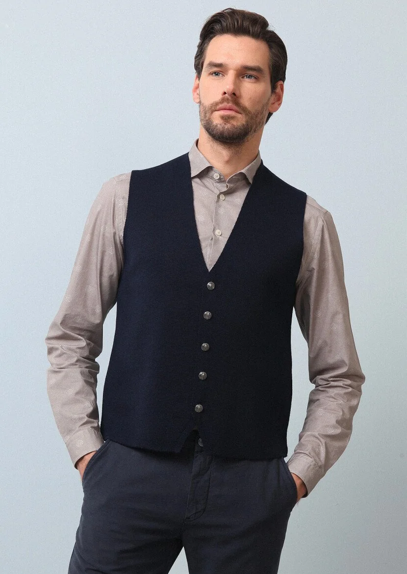 Navy Blue Plain Knitting Knit Vest 