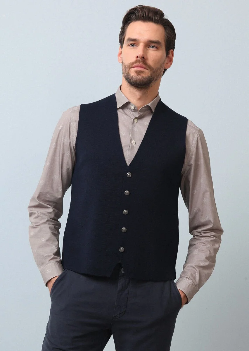 Navy Blue Plain Knitting Knit Vest - 2