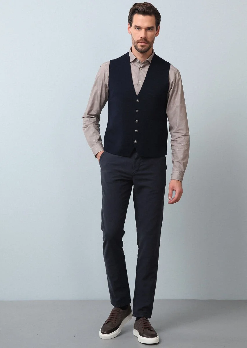 Navy Blue Plain Knitting Knit Vest - 3