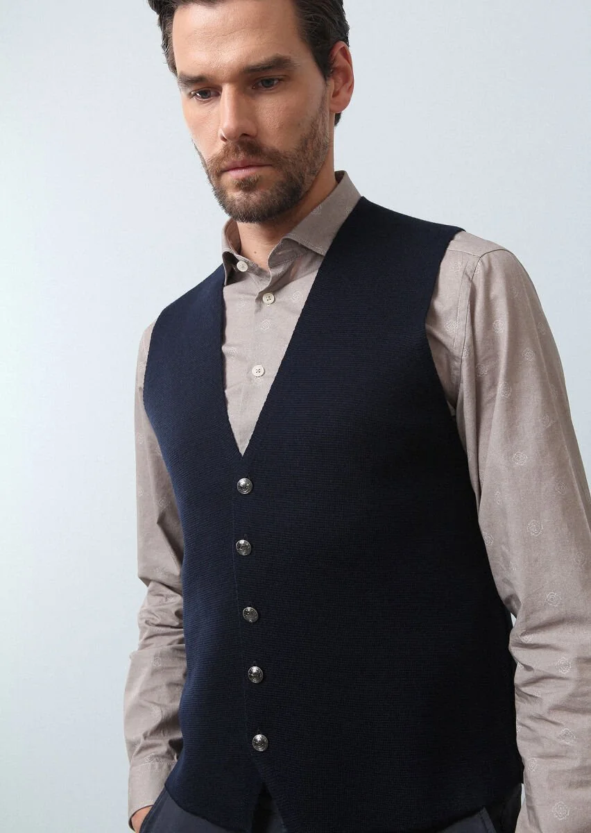 Navy Blue Plain Knitting Knit Vest - 4