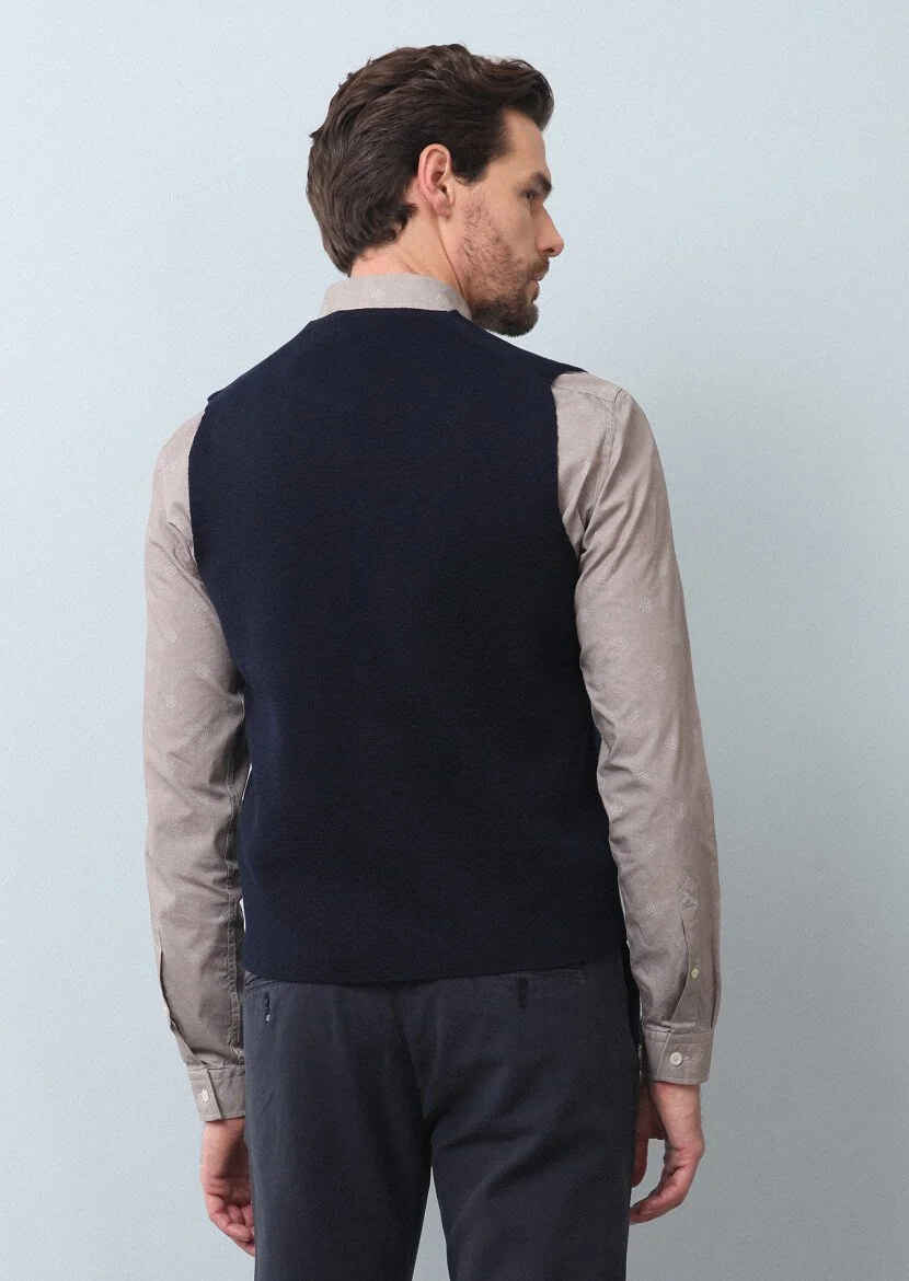 Navy Blue Plain Knitting Knit Vest - 5