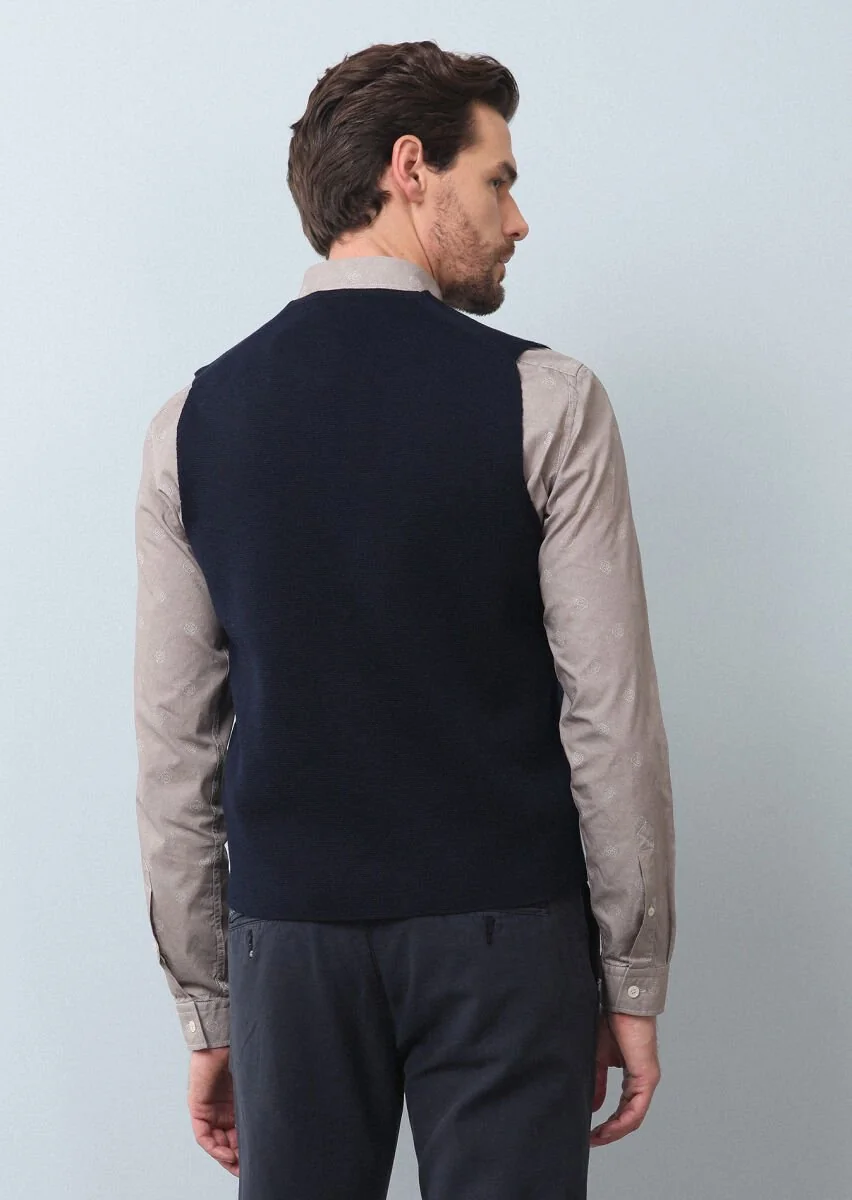 Navy Blue Plain Knitting Knit Vest - 5