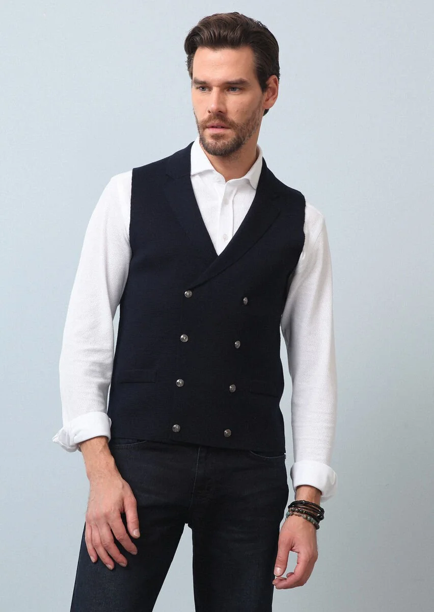 Navy Blue Plain Knitting Knit Vest - 1