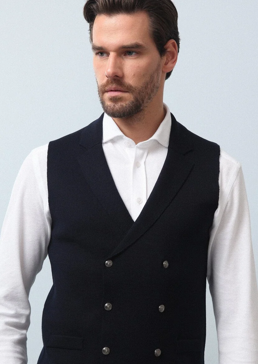Navy Blue Plain Knitting Knit Vest 