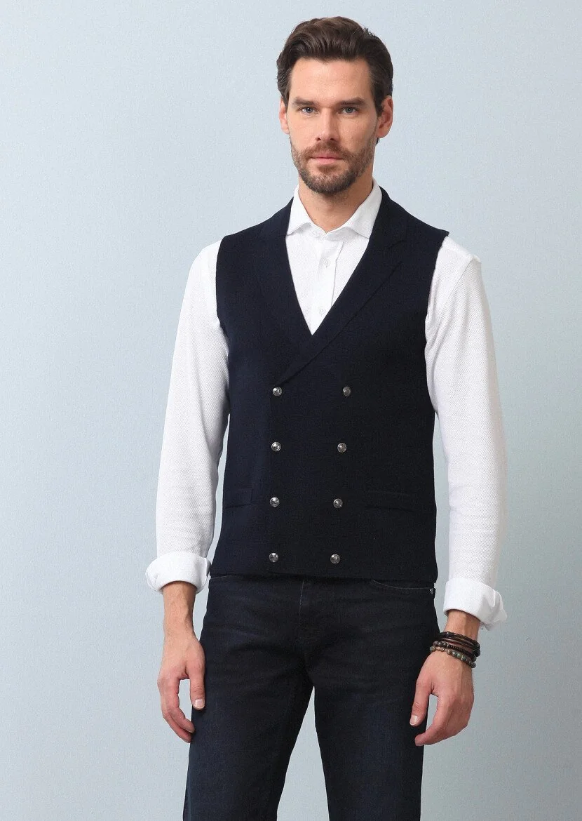 Navy Blue Plain Knitting Knit Vest - 3