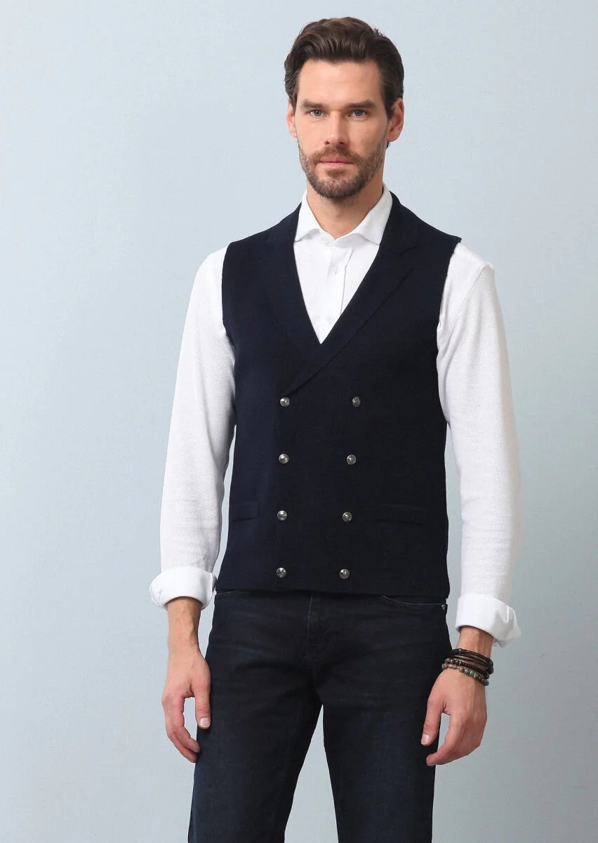 Navy Blue Plain Knitting Knit Vest - 3