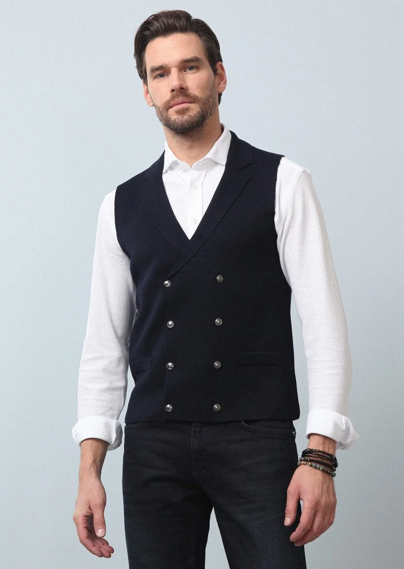 Navy Blue Plain Knitting Knit Vest - 4