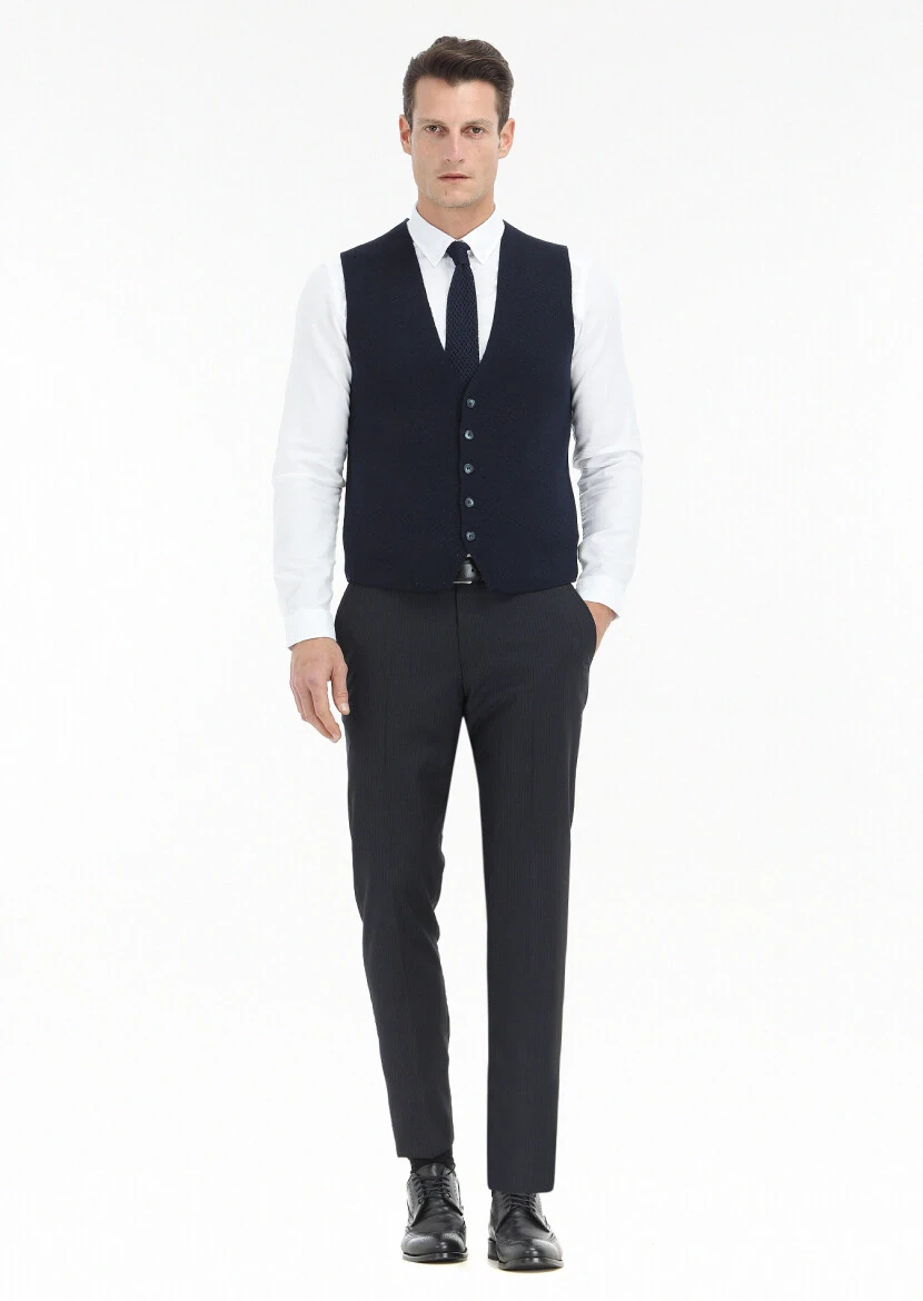 Navy Blue Plain Knitting Knit Vest - 1