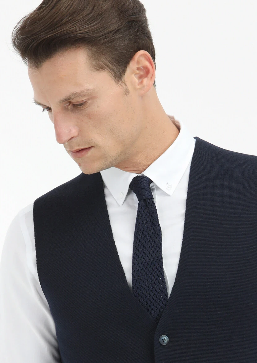 Navy Blue Plain Knitting Knit Vest - 3