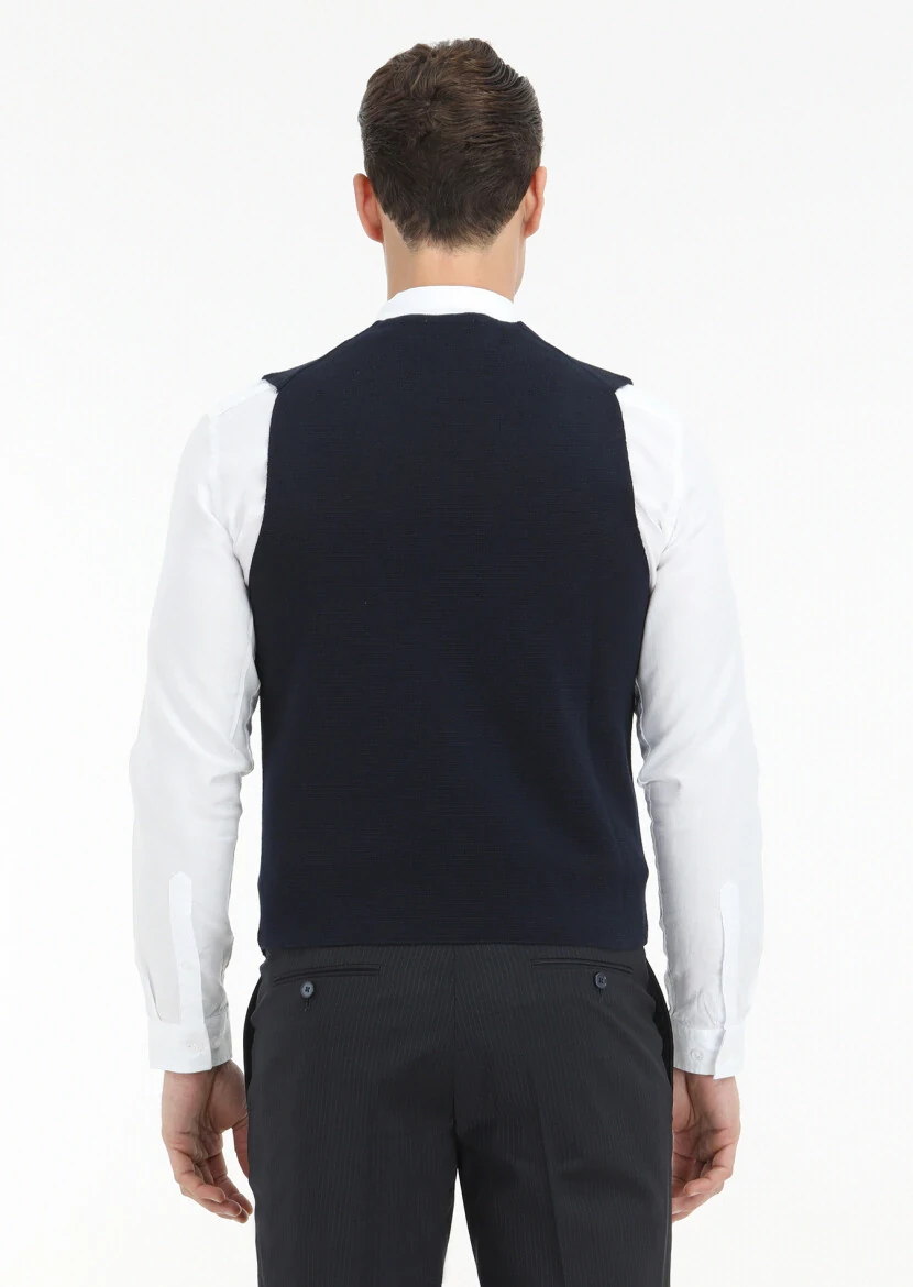 Navy Blue Plain Knitting Knit Vest - 4