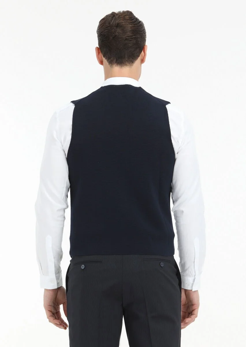 Navy Blue Plain Knitting Knit Vest - 4