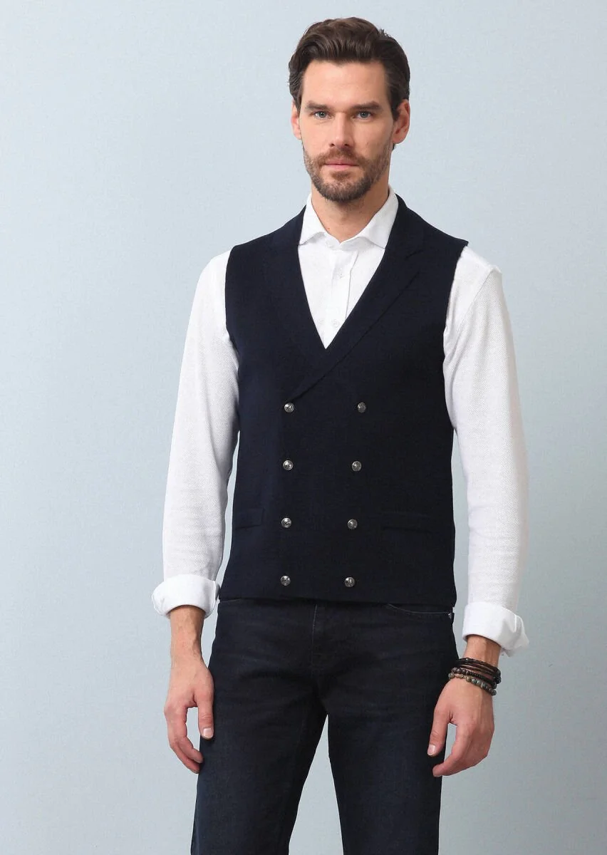 Navy Blue Plain Knitting Knit Vest - 1