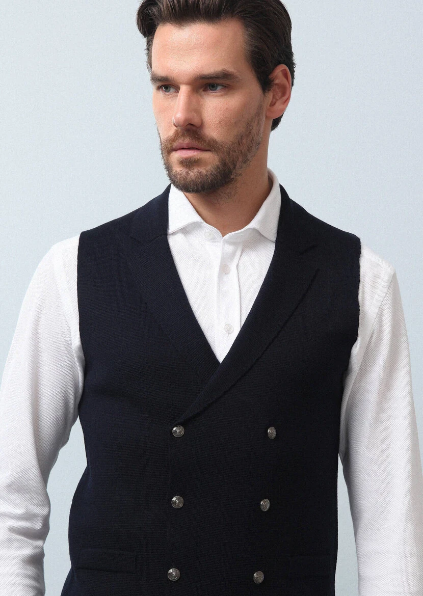 Navy Blue Plain Knitting Knit Vest - 2