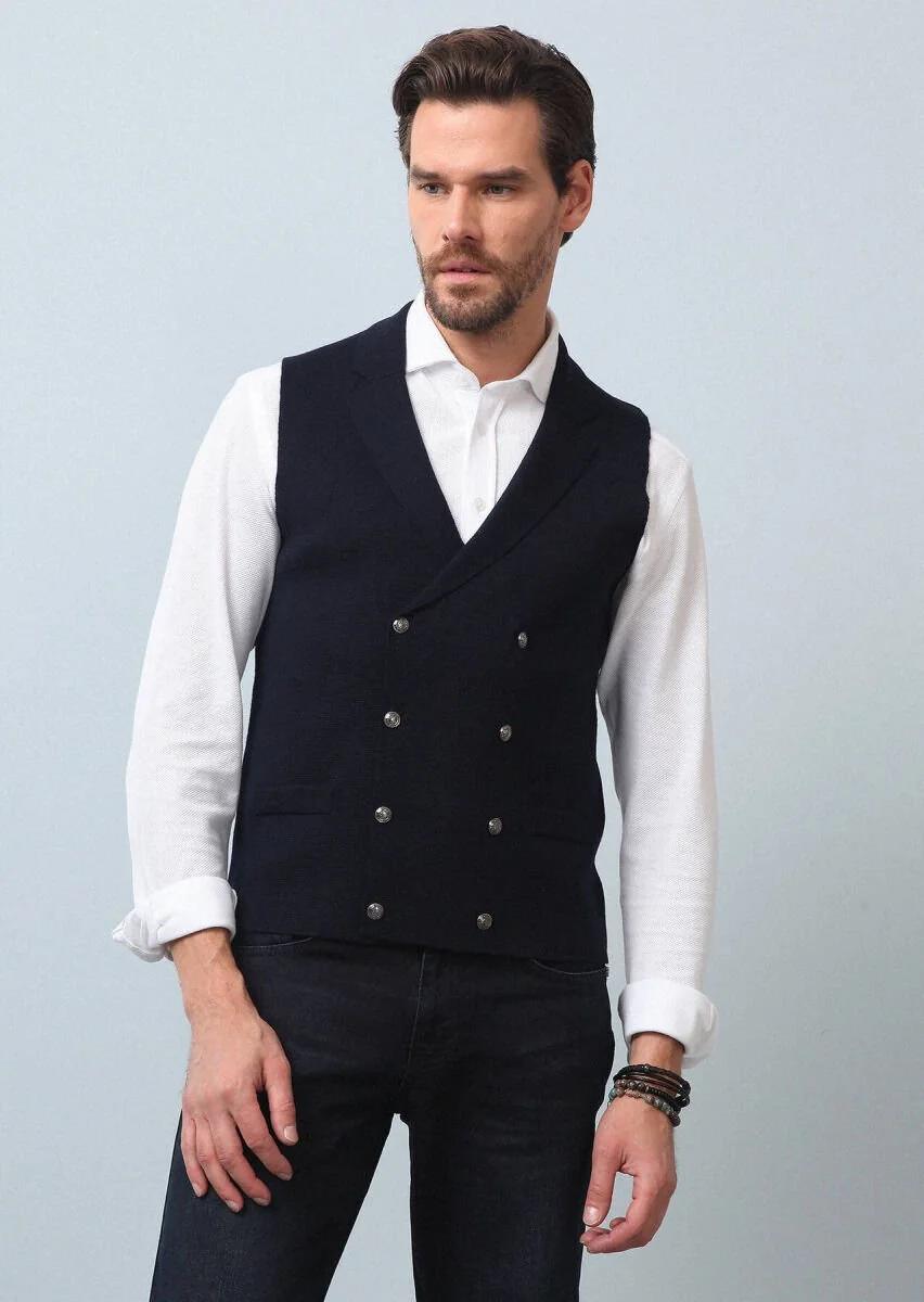 Navy Blue Plain Knitting Knit Vest - 3
